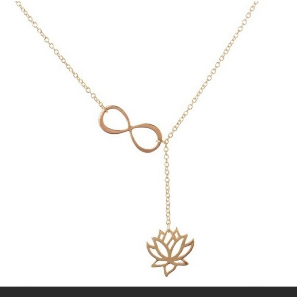 Infinity Lotus Lariat drop style Necklace 24.4” length gold color NIP